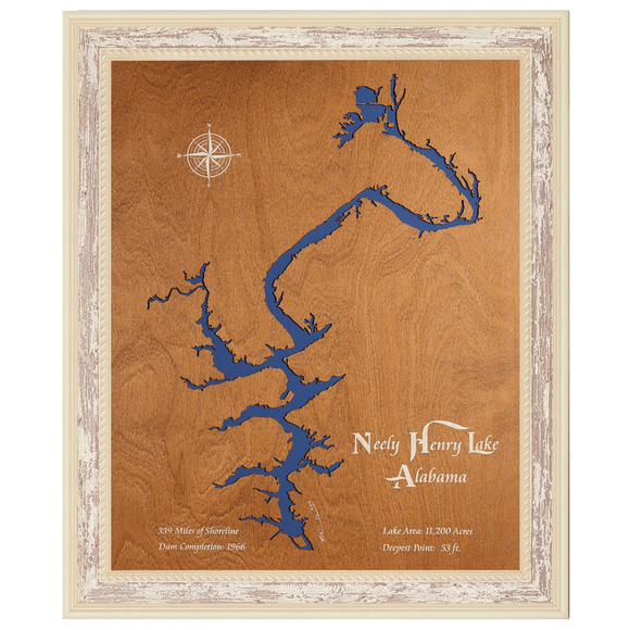 Neely Henry Lake, Alabama Stained Wood and Distressed White Frame Lake Map Silhouette