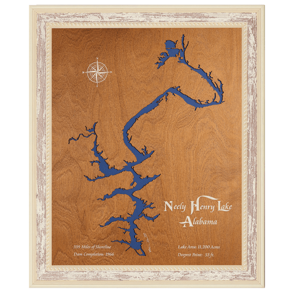 Neely Henry Lake, Alabama Stained Wood and Distressed White Frame Lake Map Silhouette