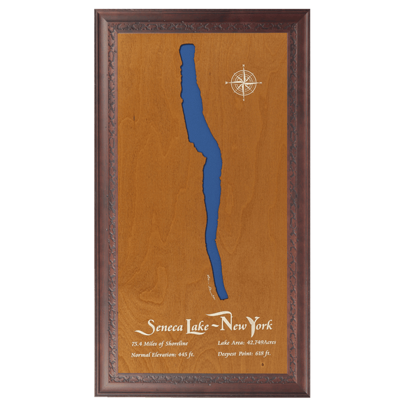 Seneca Lake, New York Stained Wood and Dark Walnut Frame Lake Map Silhouette