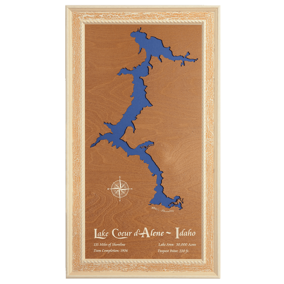 Lake Coeur d'Alene, Idaho Stained Wood and Distressed White Frame Lake Map Silhouette