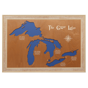 The Great Lakes, New York, Pennsylvania, Ohio, Indiana, Michigan, Illinois, Wisconsin, and Minnesota Stained Wood and Distressed White Frame Lake Map Silhouette