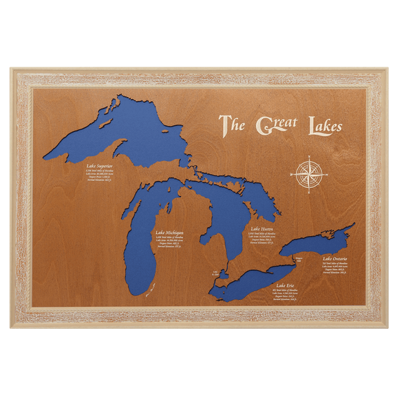 The Great Lakes, New York, Pennsylvania, Ohio, Indiana, Michigan, Illinois, Wisconsin, and Minnesota Stained Wood and Distressed White Frame Lake Map Silhouette