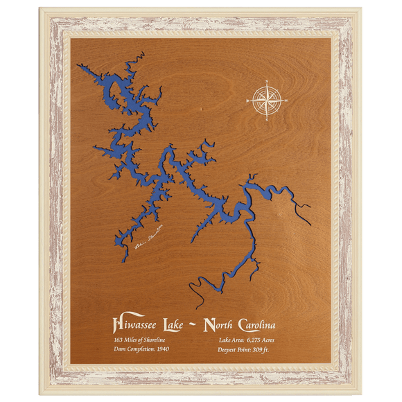Hiwassee Lake, North Carolina Stained Wood and Distressed White Frame Lake Map Silhouette