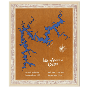 Lake Allatoona, Georgia Stained Wood and Distressed White Frame Lake Map Silhouette
