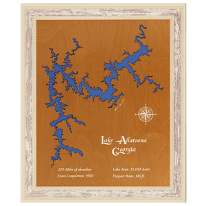 Lake Allatoona, Georgia Stained Wood and Distressed White Frame Lake Map Silhouette