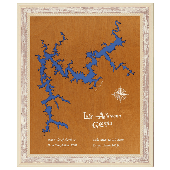 Lake Allatoona, Georgia Stained Wood and Distressed White Frame Lake Map Silhouette
