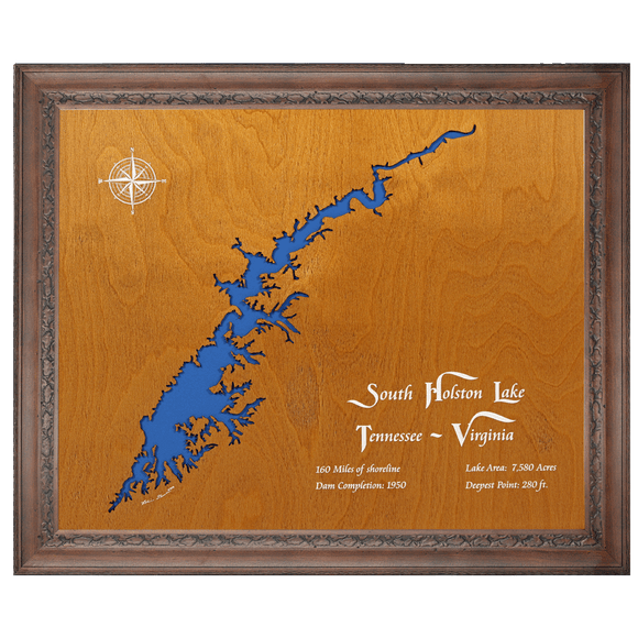 South Holston Lake, Tennessee and Virginia Stained Wood and Dark Walnut Frame Lake Map Silhouette