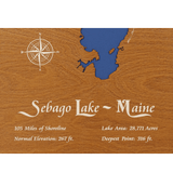 Sebago Lake, Maine Stained Wood and Dark Walnut Frame Lake Map Silhouette