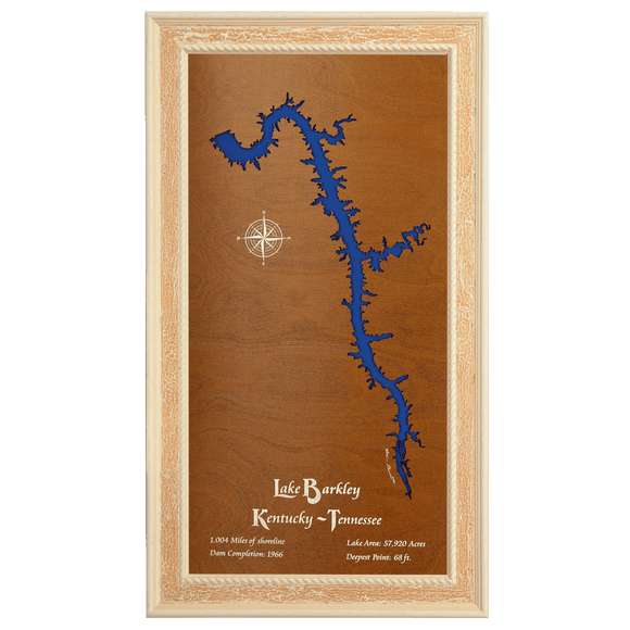 Lake Barkley, Kentucky and Tennessee Stained Wood and Distressed White Frame Lake Map Silhouette
