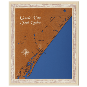Garden City, South Carolina Stained Wood and Distressed White Frame Lake Map Silhouette