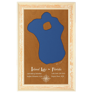 Island Lake, Florida Stained Wood and Distressed White Frame Lake Map Silhouette