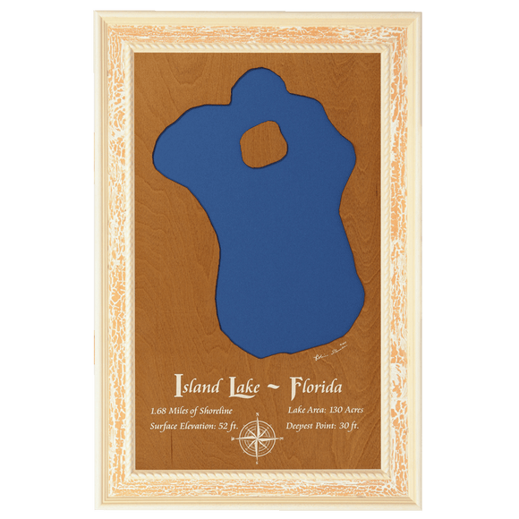 Island Lake, Florida Stained Wood and Distressed White Frame Lake Map Silhouette