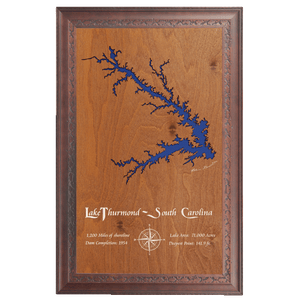 Lake Thurmond, South Carolina Stained Wood and Dark Walnut Frame Lake Map Silhouette