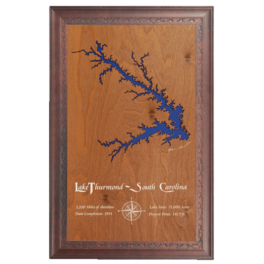 Lake Thurmond, South Carolina Stained Wood and Dark Walnut Frame Lake Map Silhouette