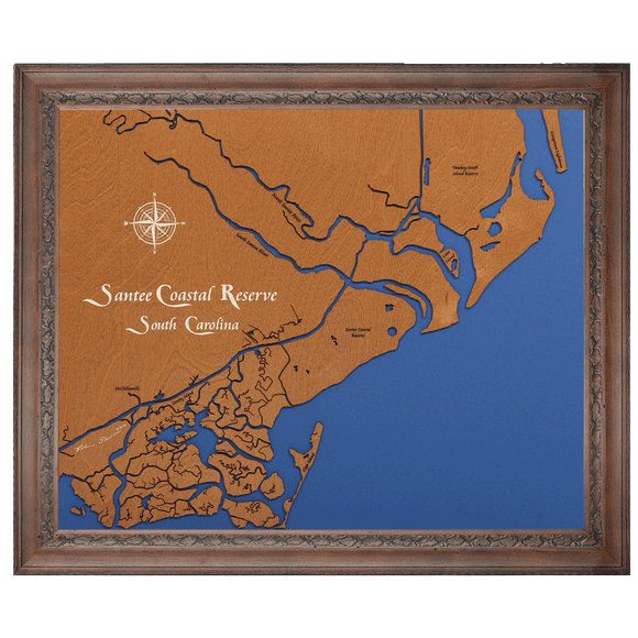 Santee Coastal Reserve, South Carolina Stained Wood and Dark Walnut Frame Lake Map Silhouette