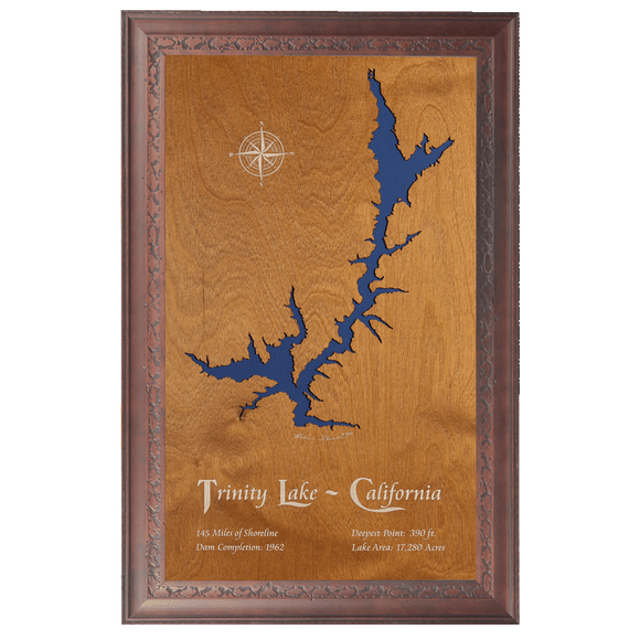Trinity Lake, California Stained Wood and Dark Walnut Frame Lake Map Silhouette