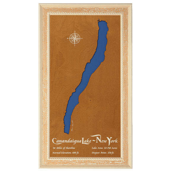 Canandaigua Lake, New York Stained Wood and Distressed White Frame Lake Map Silhouette