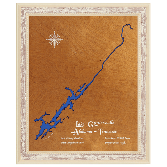 Lake Guntersville, Alabama and Tennessee Stained Wood and Distressed White Frame Lake Map Silhouette