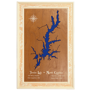 Jordan Lake, North Carolina Stained Wood and Distressed White Frame Lake Map Silhouette