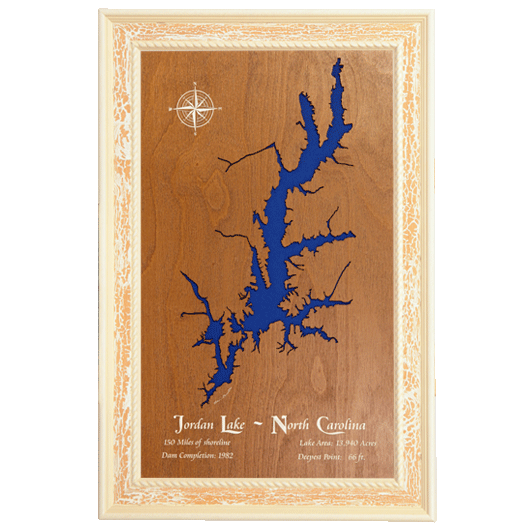 Jordan Lake, North Carolina Stained Wood and Distressed White Frame Lake Map Silhouette