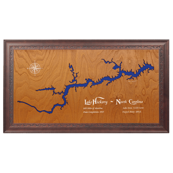 Lake Hickory, North Carolina Stained Wood and Dark Walnut Frame Lake Map Silhouette