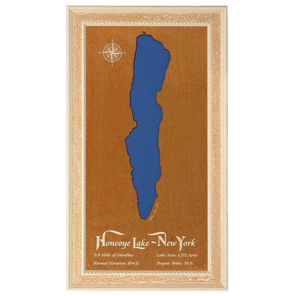Honeoye Lake, New York Stained Wood and Distressed White Frame Lake Map Silhouette