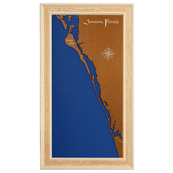 Siesta Key, Florida Stained Wood and Distressed White Frame Lake Map Silhouette