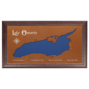 Lake Ontario, Canada and New York Stained Wood and Dark Walnut Frame Lake Map Silhouette