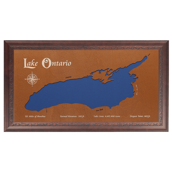Lake Ontario, Canada and New York Stained Wood and Dark Walnut Frame Lake Map Silhouette