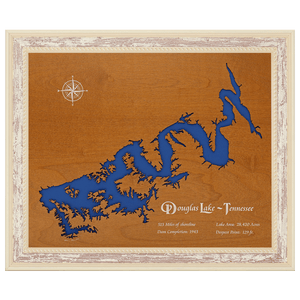Douglas Lake, Tennessee Stained Wood and Distressed White Frame Lake Map Silhouette