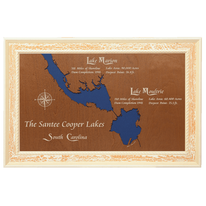 Santee Cooper Lakes, South Carolina Stained Wood and Distressed White Frame Lake Map Silhouette