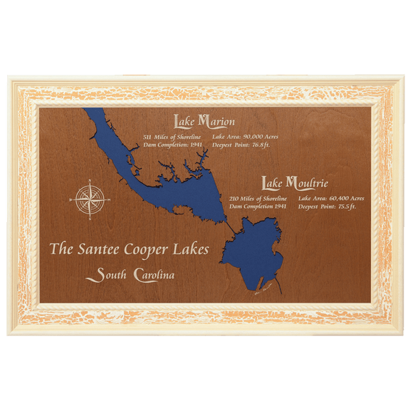 Santee Cooper Lakes, South Carolina Stained Wood and Distressed White Frame Lake Map Silhouette