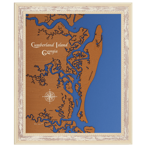 Cumberland Island, Georgia Stained Wood and Distressed White Frame Lake Map Silhouette