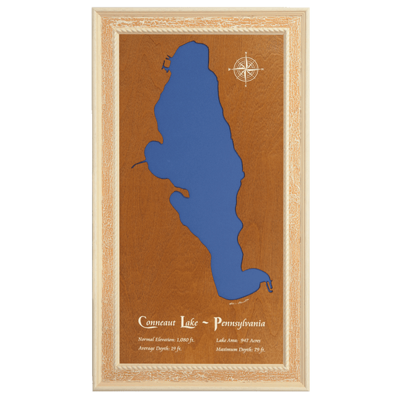 Conneaut Lake, Pennsylvania Stained Wood and Distressed White Frame Lake Map Silhouette