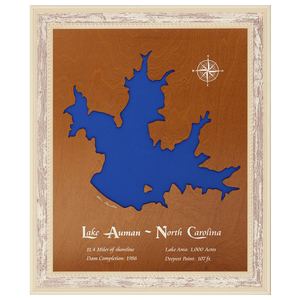 Lake Auman, North Carolina Stained Wood and Distressed White Frame Lake Map Silhouette