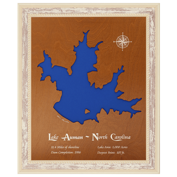 Lake Auman, North Carolina Stained Wood and Distressed White Frame Lake Map Silhouette