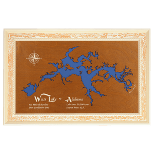 Weiss Lake, Alabama Stained Wood and Distressed White Frame Lake Map Silhouette