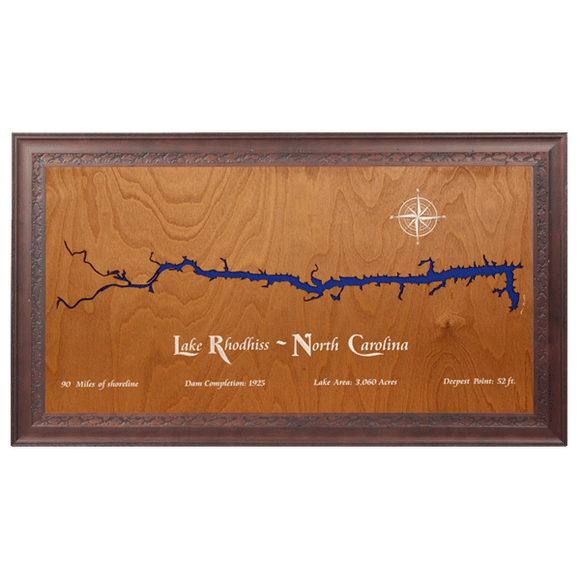 Lake Rhodhiss, North Carolina Stained Wood and Dark Walnut Frame Lake Map Silhouette