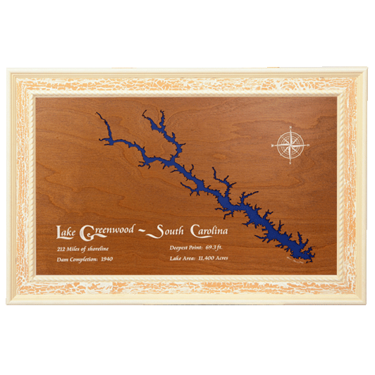 Lake Greenwood, South Carolina Stained Wood and Distressed White Frame Lake Map Silhouette