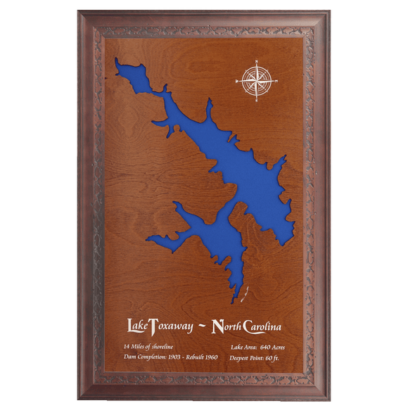 Lake Toxaway, North Carolina Stained Wood and Dark Walnut Frame Lake Map Silhouette