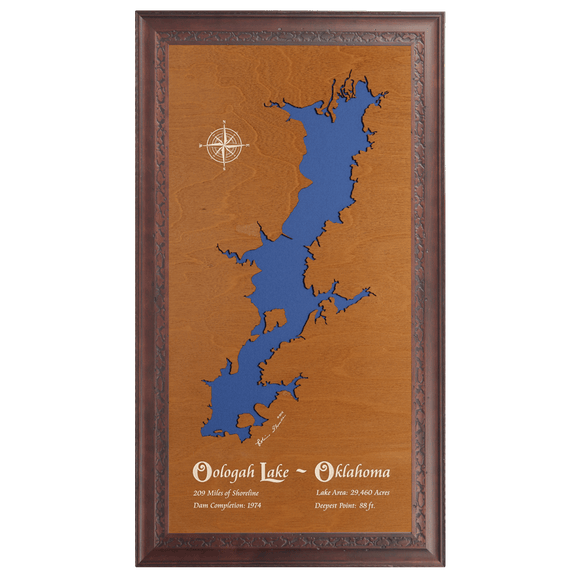 Oologah Lake, Oklahoma Stained Wood and Distressed White Frame Lake Map Silhouette