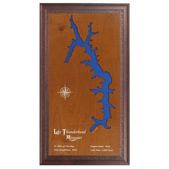 Lake Thunderhead, Missouri Stained Wood and Dark Walnut Frame Lake Map Silhouette