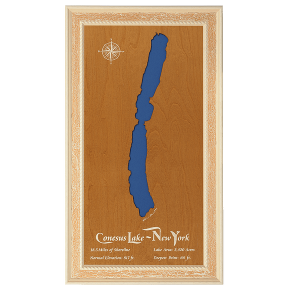 Conesus Lake, New York Stained Wood and Distressed White Frame Lake Map Silhouette