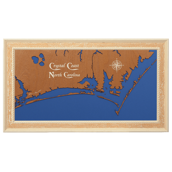 Crystal Coast, North Carolina Stained Wood and Distressed White Frame Lake Map Silhouette