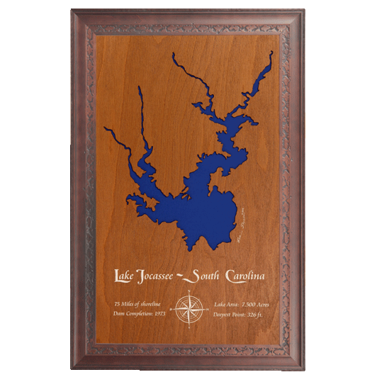 Lake Jocassee, South Carolina Stained Wood and Dark Walnut Frame Lake Map Silhouette
