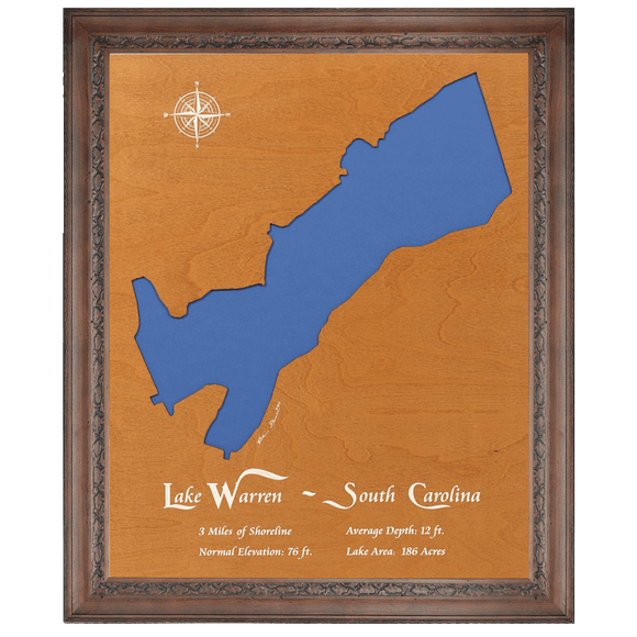Lake Warren, South Carolina Stained Wood and Dark Walnut Frame Lake Map Silhouette