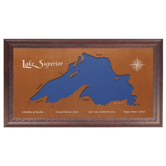 Lake Superior, Canada, Minnesota, Wisconsin, and Michigan Stained Wood and Dark Walnut Frame Lake Map Silhouette