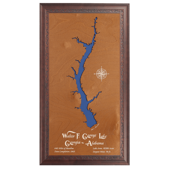 Walter F George Lake, Georgia and Alabama Stained Wood and Dark Walnut Frame Lake Map Silhouette