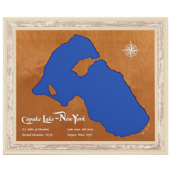 Copake Lake, New York Stained Wood and Distressed White Frame Lake Map Silhouette