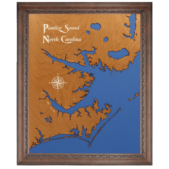 Pamlico Sound, North Carolina Stained Wood and Dark Walnut Frame Lake Map Silhouette